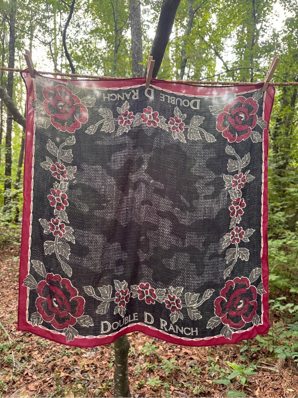 Double D Ranch Navy Bandana with Burgundy Floral Border